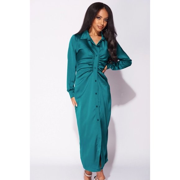 Green Satin Silk Long Sleeve V-Neck Ruched Midi Shirt Dress - Picture 1 of 11